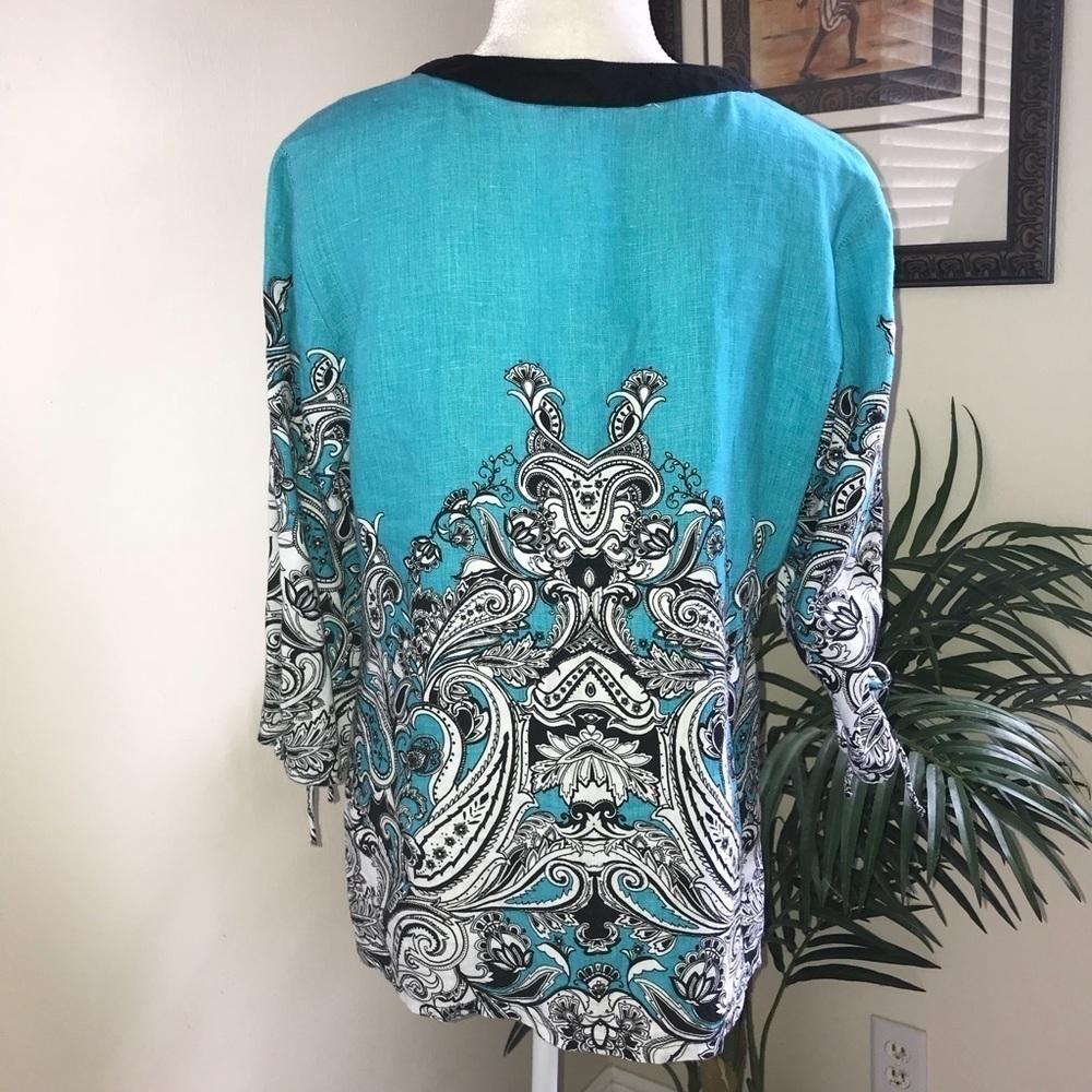 JM Collection Linen 3/4 Drawstring Sleeve Tunic Top M Blue Black White - Picture 5 of 7